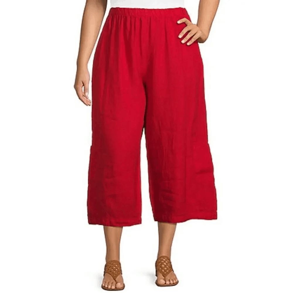 Bryn Walker Red Linen Wide Leg Pull-On Cropped Pants Women's Size Medium